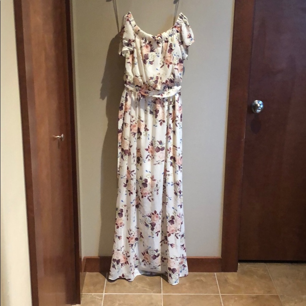 Floral, long, off shoulder dress. Brand is Gilli.